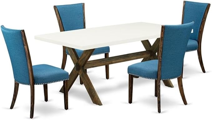 East West Furniture X727VE721-5 5 Piece Modern Dining Table Set Includes a Rectangle Wooden Table with X-Legs and 4 Blue Color Linen Fabric Upholstered Chairs, 40x72 Inch, Multi-Color