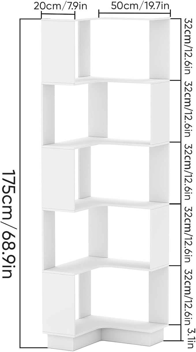 Corner Bookshelf, 68.9" Tall Wooden Corner Bookcase 5 Tiers L-Shaped Storage Freestanding Display Rack Large Open Bookshelf with Fixture for Living Room Bedroom Study Office (White)