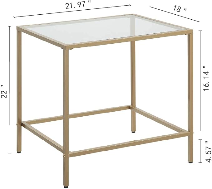 CAWS Gold End Table, Tempered Glass Rectangle Side Table with Stain Gold Metal Frame, Accent Table, Night Stand, Modern Minimalist Table for Living Room, Dining Room, Bedroom, Office or Outdoor