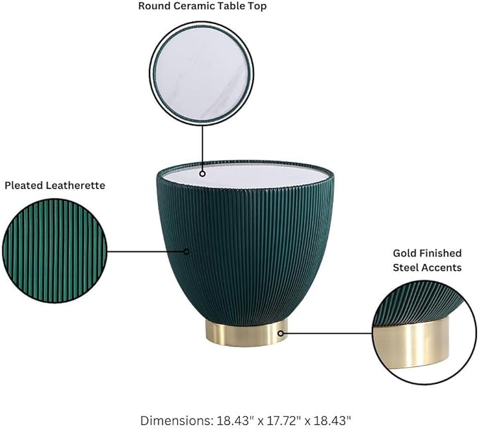 Manhattan Comfort Anderson Modern 18" Round End Table 2.0 | Ceramic Marble Tabletop, Elegant Pleated Leatherette Design & Gold Stainless Steel Base, Fully Assembled Accent Furniture, Set of 1, Green