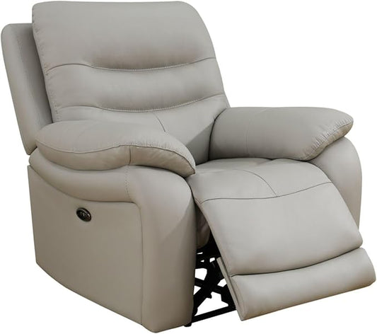Electric Power Reclining Arm-Chair, Electric Genuine Breathing Leather Recliner Chair, Comfy Wide Lazy Top Grain Leather Chair with USB Port for Living Room (Grey, Single Chair)