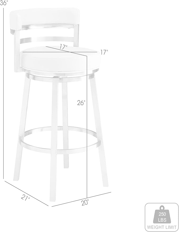 Armen Living Titana 26" Counter Height Swivel White Faux Leather and Brushed Stainless Steel Bar Stool