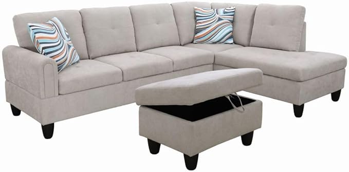 Grey White L-Shaped 3-Piece Flannel Sofa with Storage Ottoman Set, Sectional Couch Sofa Set for Living Room, Office, Small Space