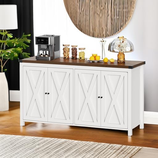 YITAHOME Farmhouse Sideboard Buffet Cabinet with Storage, 55'' Kitchen Storage Cabinet Coffee Bar Cabinets with Adjustable Shelf for Kitchen, Living Room, White