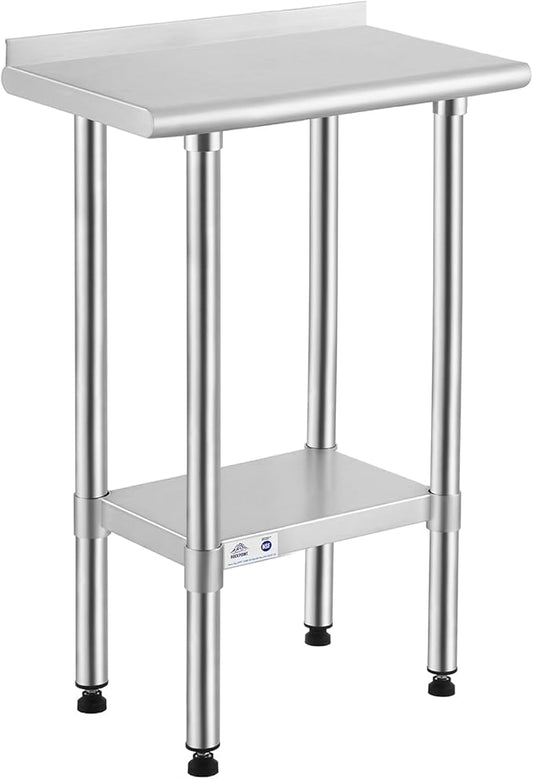 ROCKPOINT Stainless Steel Table for Prep & Work with Backsplash 14x24 Inches, NSF Metal Commercial Kitchen Heavy Duty Table with Adjustable Under Shelf and Table Foot for Restaurant, Home and Hotel