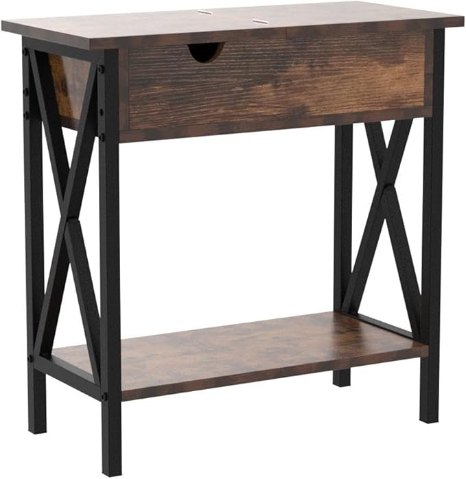 TooCust End Tables Living Room Set of 2, Narrow Side Table with Charging Station, 11.2"D x 24"W x 24"H, Flip Top End Table with USB Ports and Outlets, Couch End Tables Set of 2, Steel X-Shaped Frame