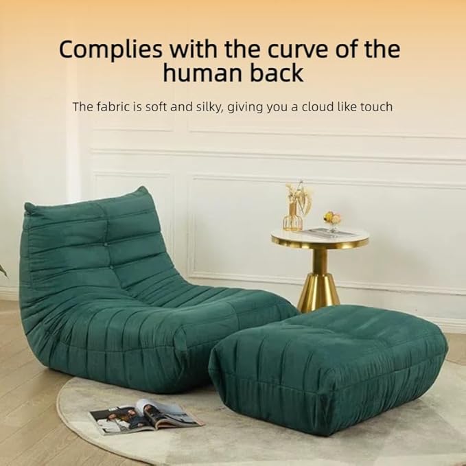 Bean Bag Chair - Memory Foam Bean Bag Chair for Adults, Comfy High-Resilience Single Sofa, Small Space Floor Chair, Chaise Lounge for Living Room, Bedroom(Dark Green, Wrinkles+Ottoman)