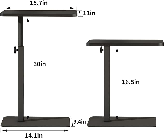 Forevich Bamboo Sofa Tray Table C Shaped Side End Table with Metal Base, Adjustable Height Swivel Snack Couch for Bed Small Spaces Living Room Black Table and Black Base