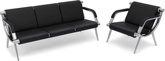 wonline 4 Seat Waiting Room Chair with Armrest PU Leather Office Furniture, Office Guest Seating Lobby Conference Reception Chairs for Airport Clinic Hospital Bank Salon Barber(Black)