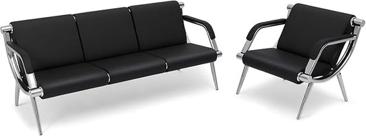 wonline 4 Seat Waiting Room Chair with Armrest PU Leather Office Furniture, Office Guest Seating Lobby Conference Reception Chairs for Airport Clinic Hospital Bank Salon Barber(Black)
