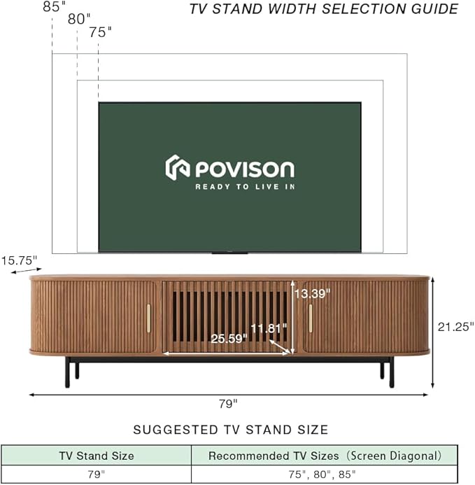 POVISON Sliding Tambour Door TV Stand with LED Lights, Mid Century Modern TV Console, Wood Media Console, Entertainment Center with Storage Cabinet, Fully-Assembled (Walnut, 78.74")