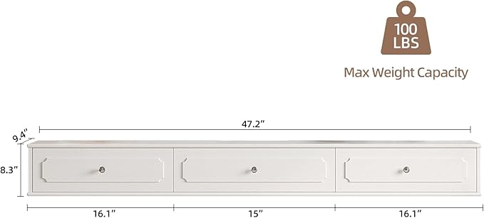 Retro Floating TV Console with 3 Doors,47'' High Gloss Floating TV Stand,Wall Mounted TV Cabinet,Contemporary Floating Media Console for Under TV Storage,Living Room,Bedroom(White)