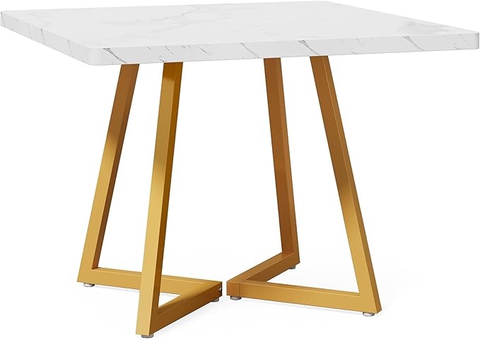 LITTLE TREE 31.5 Inches Small Dining Table for 4, Square Dinner Table for Small Space, Dining Room Tables, White Gold Wooden Kitchen Table with Metal Legs, Modern Leisure Cafe Table for Apartment