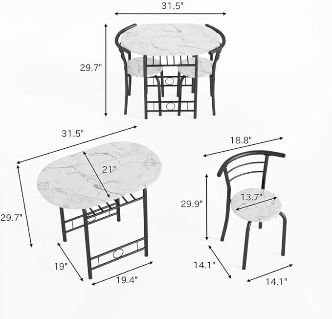 Shahoo 3-Piece Wooden Dining Table Set, Kitchen Breakfast Nook Sets with 2 Chairs & Round Tabletop, Space Saving Furniture Metal Frame and Built-in Wine Rack, Marble White & Black