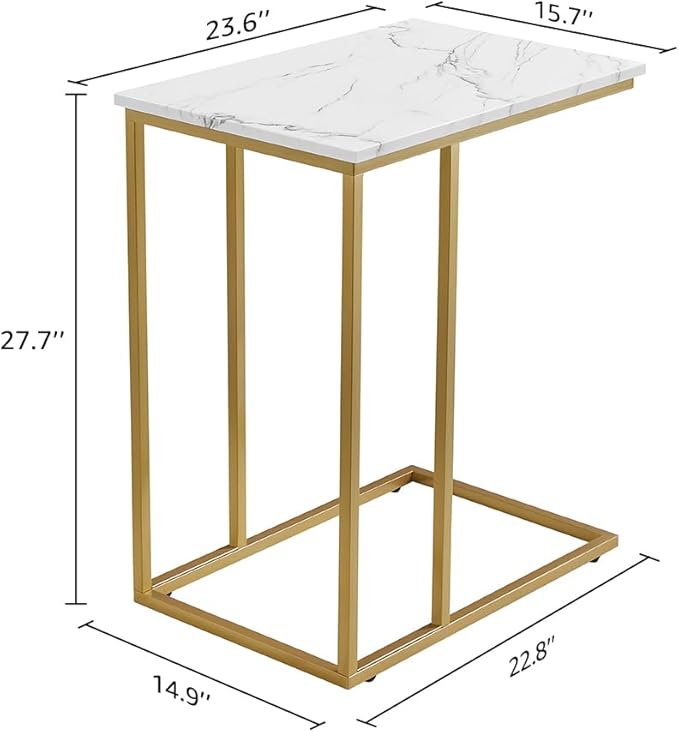 Large Size C Shaped Side Table End Table for Couch, Gold Side End Table with White Faux Marble Top, Modern Living Room Tray Table