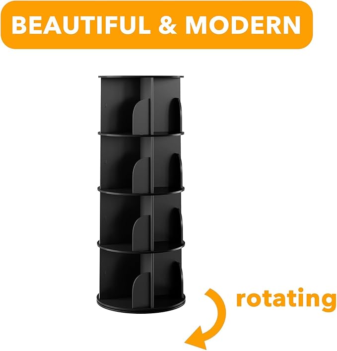 SpaceAid 4 Tier Rotating Bookshelf Tower, Spinning Bookcase Lazy Susan, Revolving 360 Book Shelf Storage Round Carousel, Vertical Rotate Turning Spiral Corner Organizer, Black