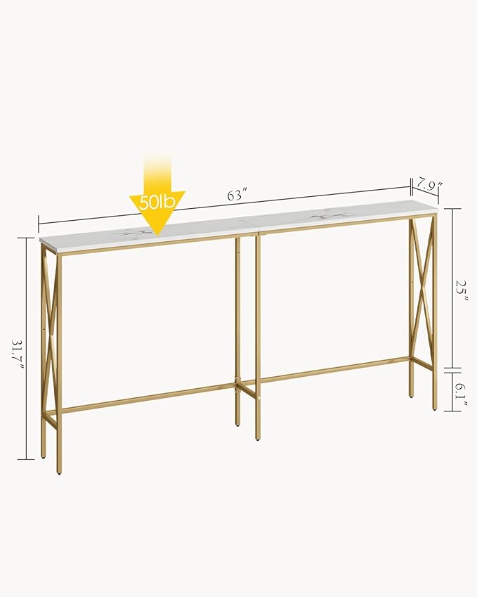 Masupu 63" Console Table, Modern Narrow Long Sofa Table Behind Couch, Skinny Entry Table, Industrial Sofa Table with Metal Frame for Hallway, Living Room, Marble White