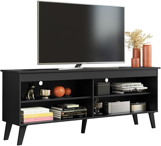 Madesa TV Stand Unit with 4 Shelves and Cable Management for 55, 65 Inch Media 1 Storage Gaming Media Console Living Room and Bedroom Entertainment Center Modern Wooden Television Cabinet - Black