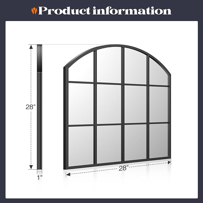Wide Window Mirror, 28" x 28" Farmhouse Arched Wall Mirror, Rustic Windowpane Mirrors Large Grid for Living Room Bedroom Farmhouse Fireplace Hallway Entryway