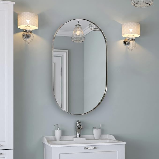 ANDY STAR Chrome Oval Mirror for Bathroom, 20x33 Inch Pill-Shaped Chrome Mirrors for Wall in Thin Frame Deep 1’’ Ideal for Limited Space
