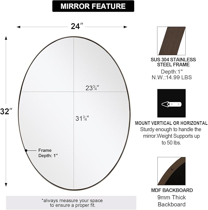 ANDY STAR Bronze Bathroom Mirror, 24x32 Inch Brushed Bronze Oval Mirror for Wall, Modern Bronze Mirror for Bathroom with Stainless Steel Metal Frame, Wall Mount Horizontal or Vertica