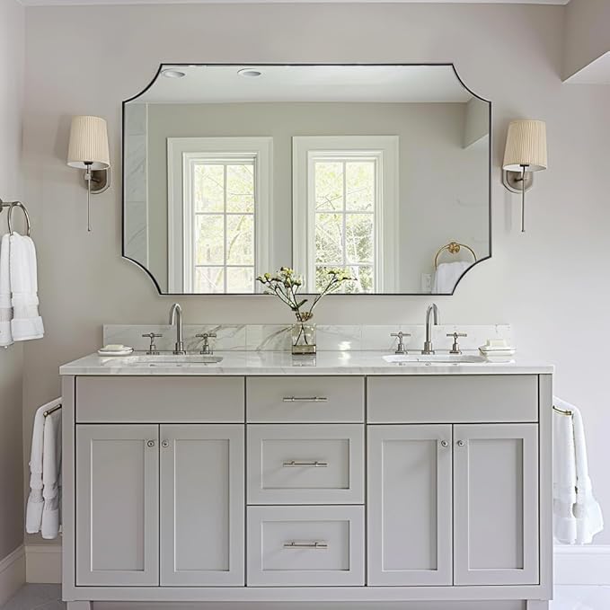 ANDY STAR 30x48 Inch Chrome Mirror, Large Scalloped Bathroom Mirror, Unique Rectangle Mirror with Rust-Proof Stainless Steel 1" Frame, Hangs Vertically or Horizontally