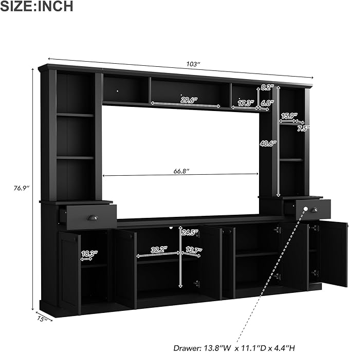 Merax Modern TV Stand Set with Adjustable Bridge for TVs Up to 75", Storage Media Console & Wall Units - Minimalist Entertainment Center for Living Room, Black