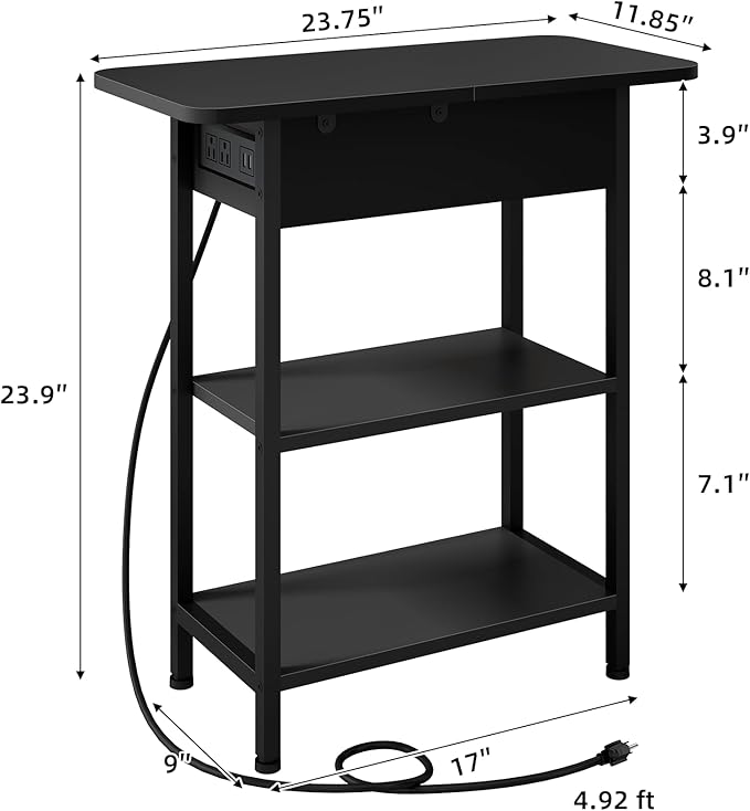 LIDYUK End Table with Charging Station, Set of 2 Flip Top Narrow Side Table for Small Spaces, Nightstands Set of 2 for Bedroom, End Tables Living Room with Storage Shelves, Black