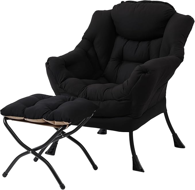 LITA Lazy Chair With Ottoman, Modern Accent Leisure Upholstered Sofa, Contemporary Lounge Reading With Armrests and Side Pocket for Living Room, Bedroom & Small Space, Black