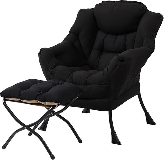 LITA Lazy Chair With Ottoman, Modern Accent Leisure Upholstered Sofa, Contemporary Lounge Reading With Armrests and Side Pocket for Living Room, Bedroom & Small Space, Black