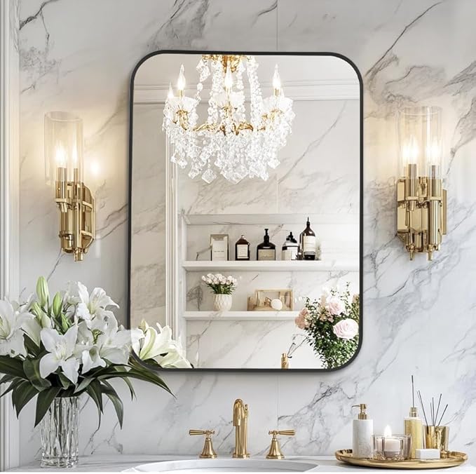 MZON 30x36 Inch Matte Black Wall Mirror, Large Rounded Rectangle Mirror for Living Room or Bathroom, Anti-Rust Frame & Tempered Glass, Horizontal/Vertical Mount - Luxe & Modern Wall Decor