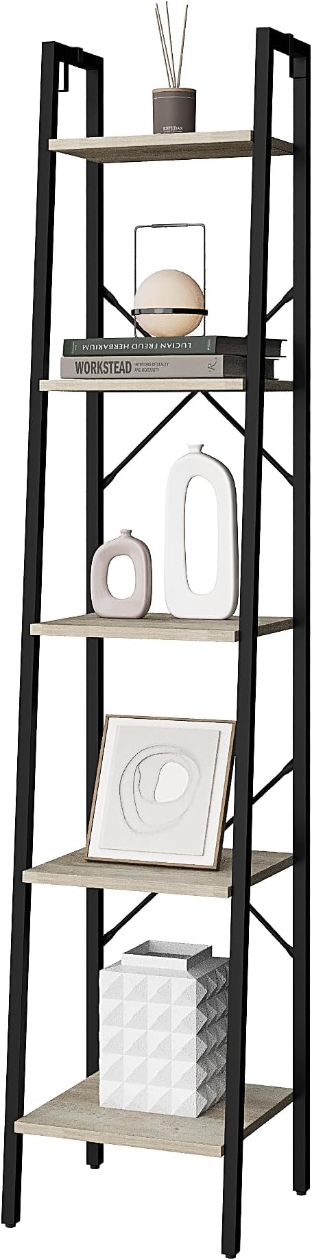 Ladder Shelf, Bookshelf Bookcase, Freestanding Corner Storage Shelve with 2 Hooks for Home Office, Living Room, Kitchen, Bedroom, Industrial, 5-Tier Greige BC03205B