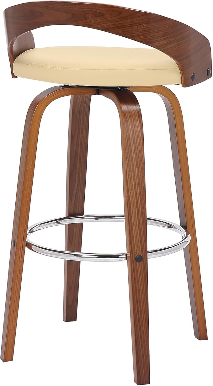 Armen Living Sonia 30" Bar Height Swivel Cream Faux Leather and Walnut Wood Bar Stool