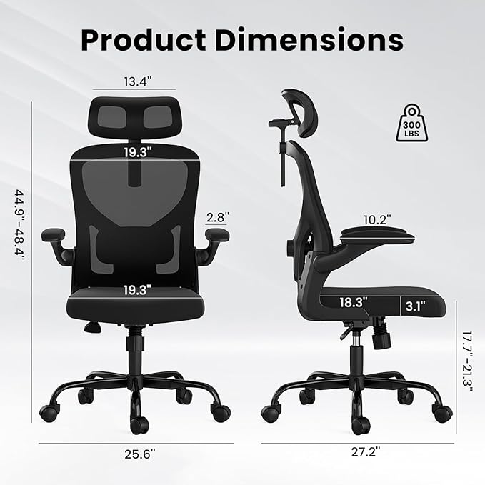 Ergonomic Office Chair, Comfy Home Office Chair High Back Computer Chair with Headrest, Adjustable Back Support, Flip-Up Arms, 90-120° Tilt and Wide Cushion, Up to 300lbs,Black