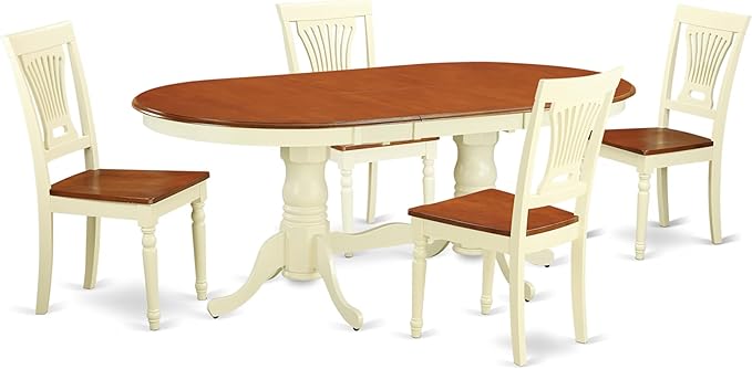 East West Furniture PLAI5-WHI-W 5 Piece Dining Room Furniture Set Includes an Oval Wooden Table with Butterfly Leaf and 4 Kitchen Dining Chairs, 42x78 Inch, Buttermilk & Cherry