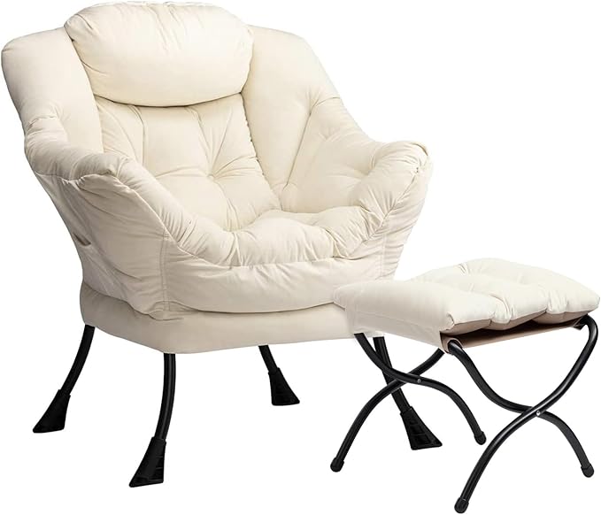 HollyHOME Fabric Lazy Chair with Foldable Ottoman, Accent Comfy Lounge Arm Chair and Folding Footrest Stool Set, Leisure Sofa Reading Chair and Footstool for Living Room, Bedroom, Dorm, Beige