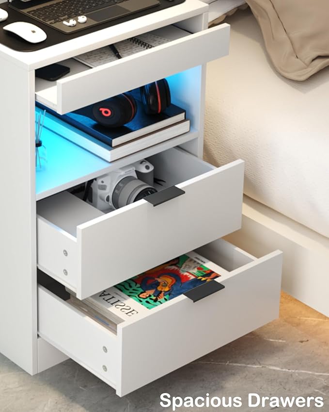 Gadroad LED Nightstand with Charging Station, Bedside Table with 3 Drawers and LED Lights, End Table Sofa Couch Side Table with Pull-Out Shelf, White