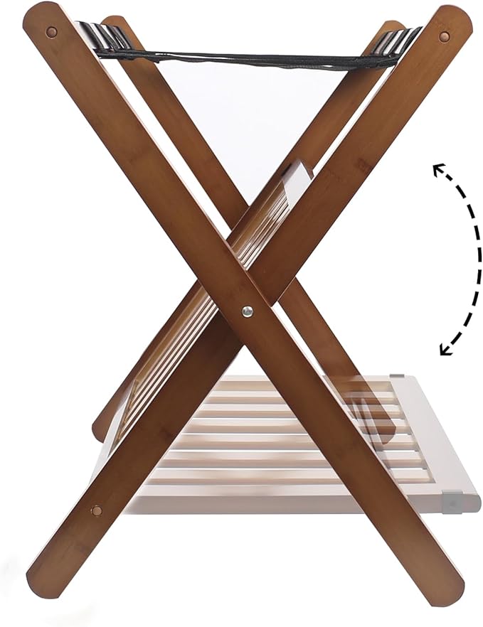 Fully Assembled Walnut Bamboo Luggage Rack with Shoe Shelf, Folding Suitcase Stand with 5 Heavy-Duty Straps, Large Wooden Luggage Holders for Guest Room, Ideal for Bedroom, Hotel