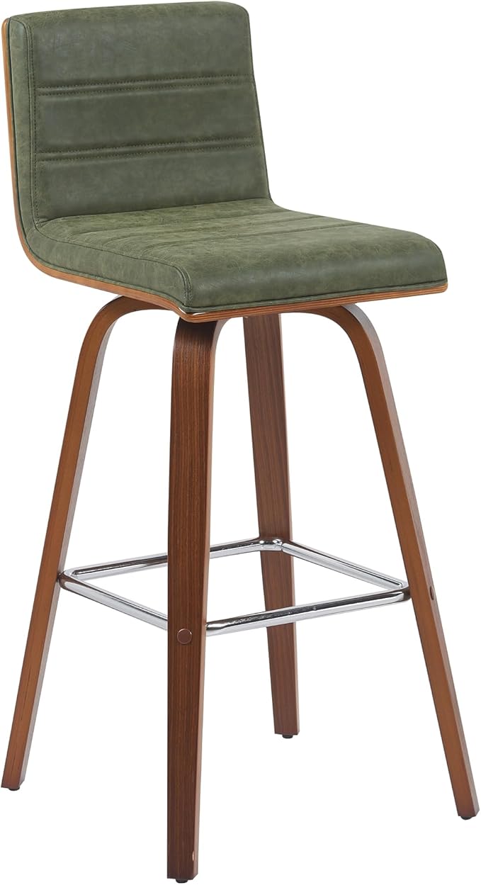 Armen Living Vienna Modern Swivel 30" Bar Height Barstool with Vintage Green Faux Leather and Walnut Wood Finish