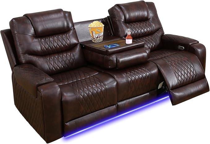 PU Leather Power Wall Hugger Chair Double Reclining Sectional Sofa 3-Seater Loveseat Couch with Reversible Coffee Table, Wireless Chargers, USB Port and Ambient LED Light for Living Room RV Theater