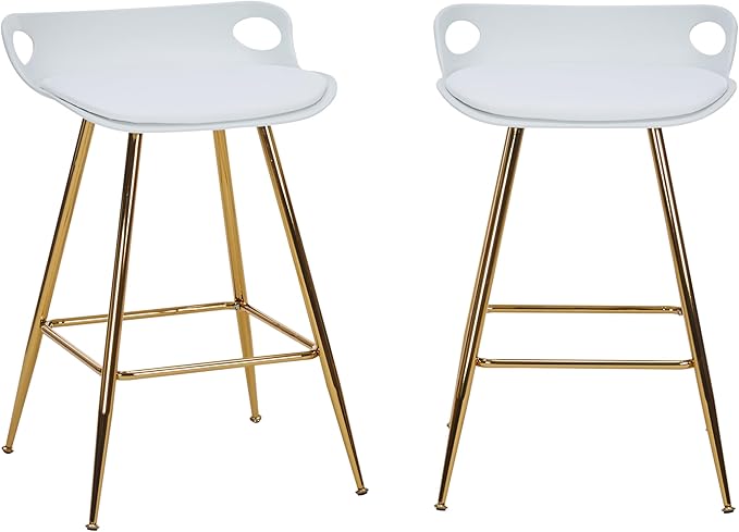 Sidanli Bar Stools Set of 2, Gold Bar Stools, Counter Height Stools with Leather Padded Seats and Footrests, 26 Inch White Barstools for Kitchen Island, Farmhouse or Home Bar