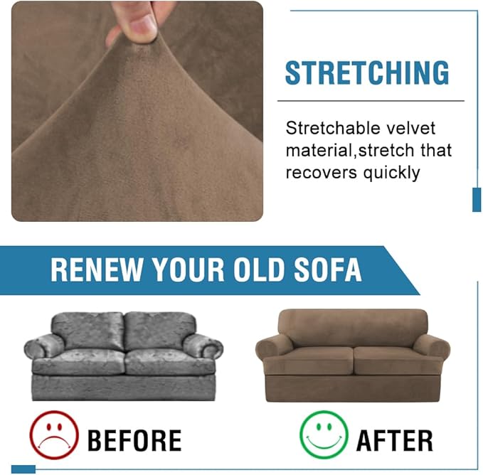 H.VERSAILTEX Sofa Cover 3 Piece T Cushion Sofa Slipcovers Thick Velvet Couch Cover Stretch T Cushion Sofa Covers for 2 Cushion Couch with 2 Individual T Cushion Covers, Mocha