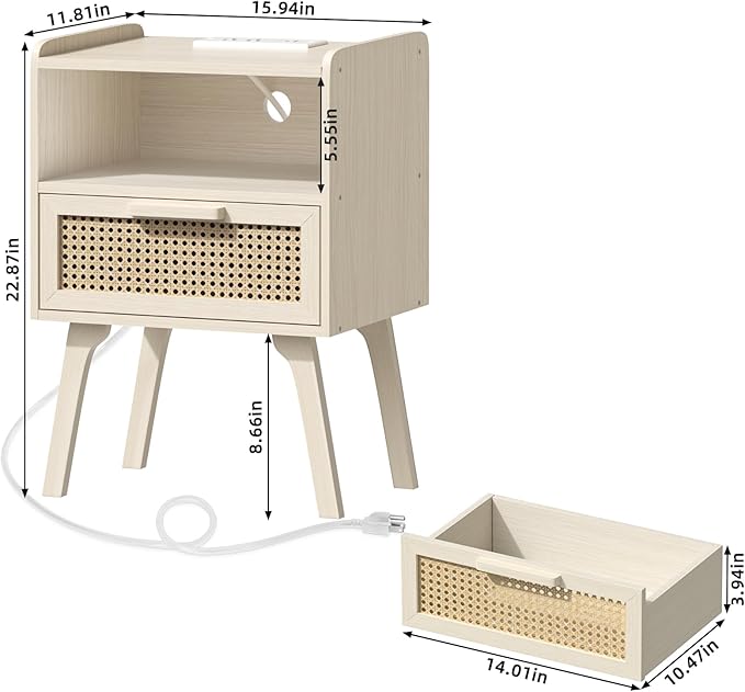 Lerliuo Rattan Nightstand with Charging Station, Side Table with Drawer Open Shelf, Cane Accent Bedside End Table with Solid Wood Legs, Night Stand for Bedroom, Dorm and Small Spaces (Grey White)