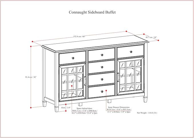 SIMPLIHOME Connaught Buffet - 60 inch Wide Solid Wood 3-Door Sideboard Buffet in Chestnut Brown, Traditional Storage Cabinet for Dining Room or Kitchen with Adjustable Shelves and Classic Molding