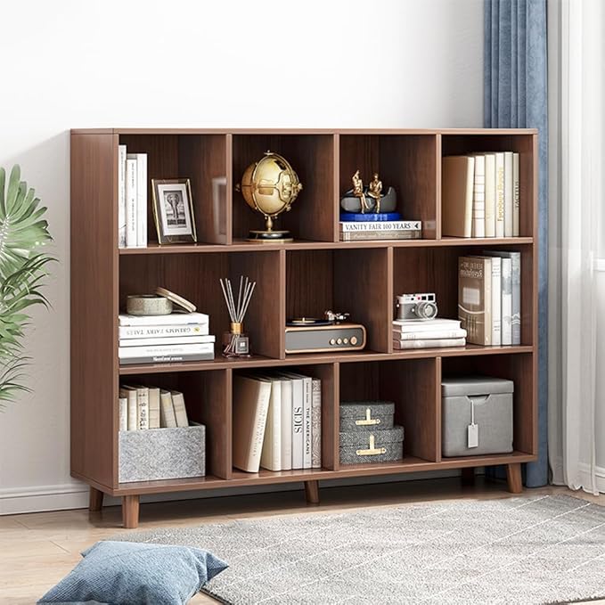 IOTXY Open Cube Low Bookcase - 3-Tier Freestanding Storage Display Cabinet Organizer with Legs for Home Office, 11-Cubes Open Shelf Short Bookshelf, Walnut