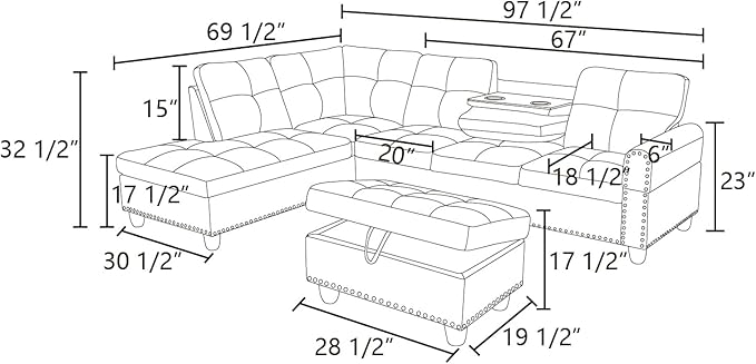L Shaped Sectional Sofa with Ottoman, Nail-Head Design Leather Right Facing Modern Couches with Cup Holder for Living Room, Bedroom, Office, Black Leather
