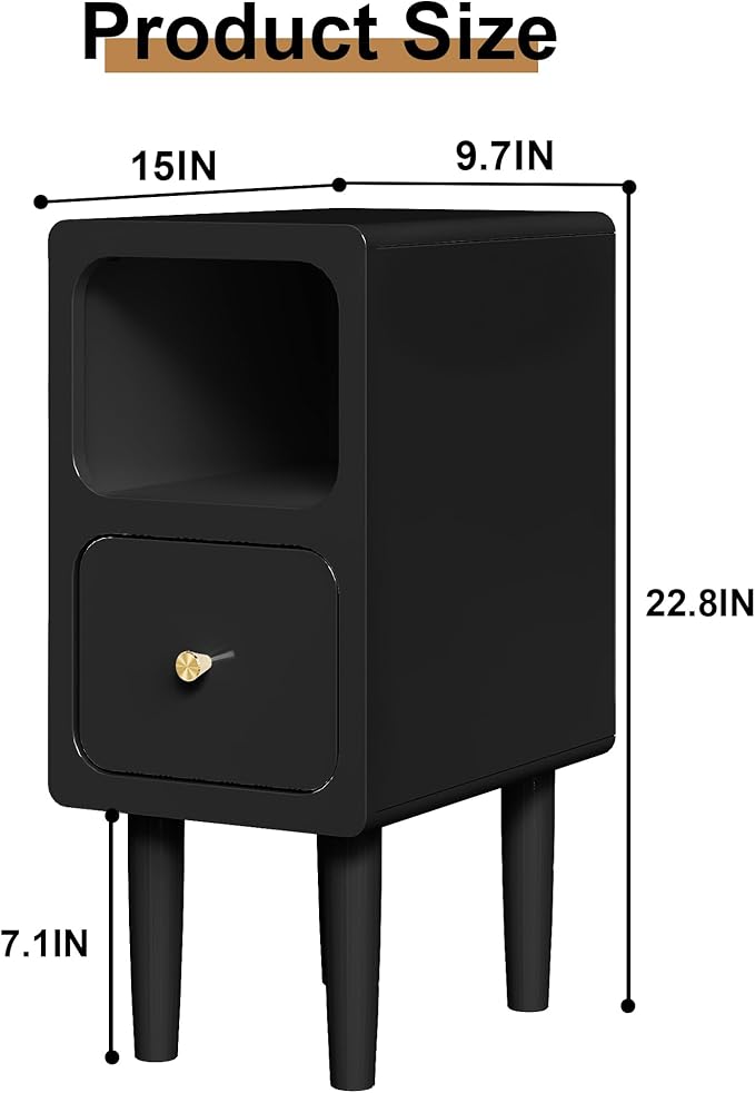 Narrow Nightstand, Solid Wood Night Stand with Drawers, Black Mid Century Modern Nightstand, Small Beside Table with Open Storage Shelf for Bedroom (10 inch)