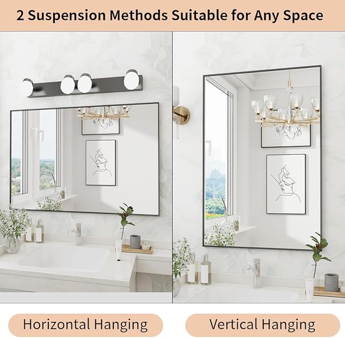 Koonmi Black Mirrors for Wall, 36x48 Inch Bathroom Mirror, Rectangular Wall Mirror for Living Room Bedroom Bathroom, Hangs Horizontally or Vertically