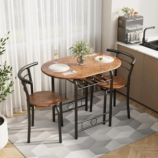 Shahoo 3-Piece Wooden Dining Table Set, Kitchen Breakfast Nook Sets with 2 Chairs & Round Tabletop, Space Saving Furniture Metal Frame and Built-in Wine Rack, Brown