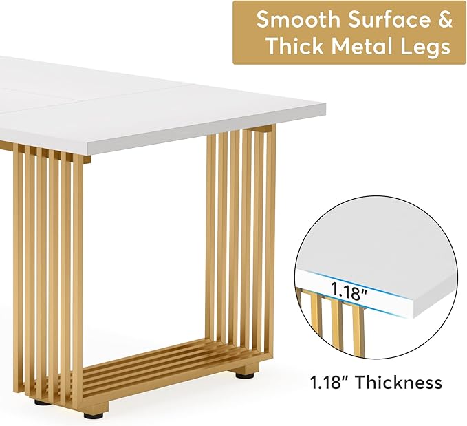 Tribesigns Modern Dining Table for 6-8 People, 70.8 Inches Long White Room Kitchen, Wood Kitchen with Gold Metal Legs, Rectangular Dinner Room, Family Gathering
